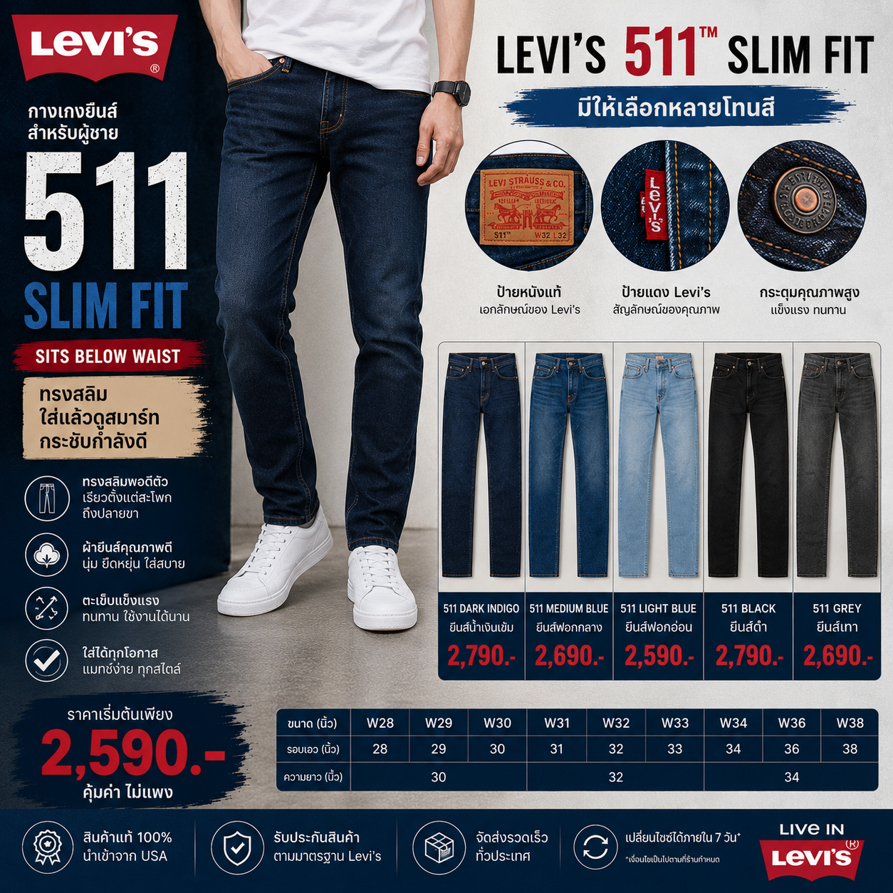 กางเกงยีนส์ แบรนด์ Levi's รุ่น 511 (ทรงสลิม)